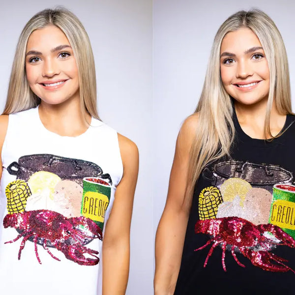 Crawfish Season | Women's Sequin Design Tank -White or Black