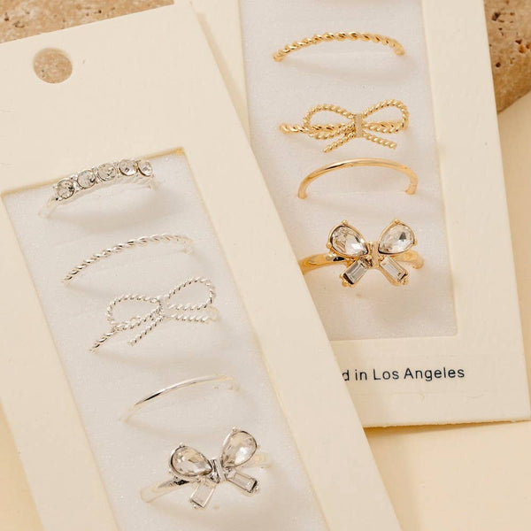 5Pc Dainty Rhinestone Bow Band Rings Set