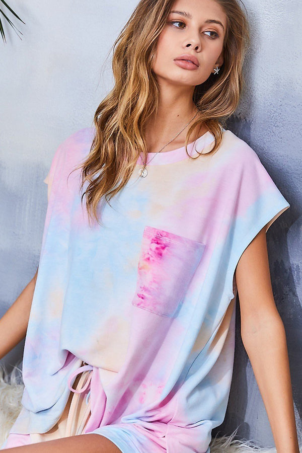 Stir Crazy Round Neck Sleeveless Pocket Side Slit Tie-Dye Top