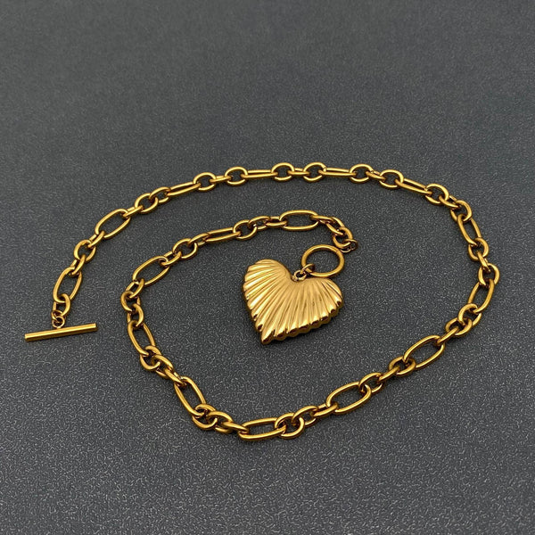 18K Golden SS Heart Charm Ot Buckle Chain Necklace - FGS
