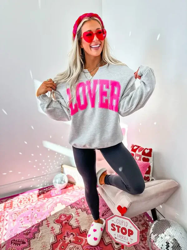 Lover Ash Gray Split Neck Graphic Crewneck