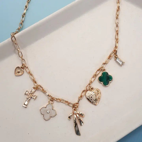 Charm Necklace-Green Detail Bow Cross Heart