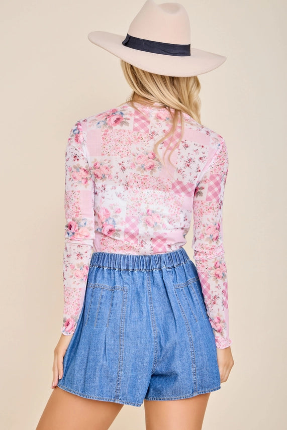 Patchwork Floral Mock Neck Top