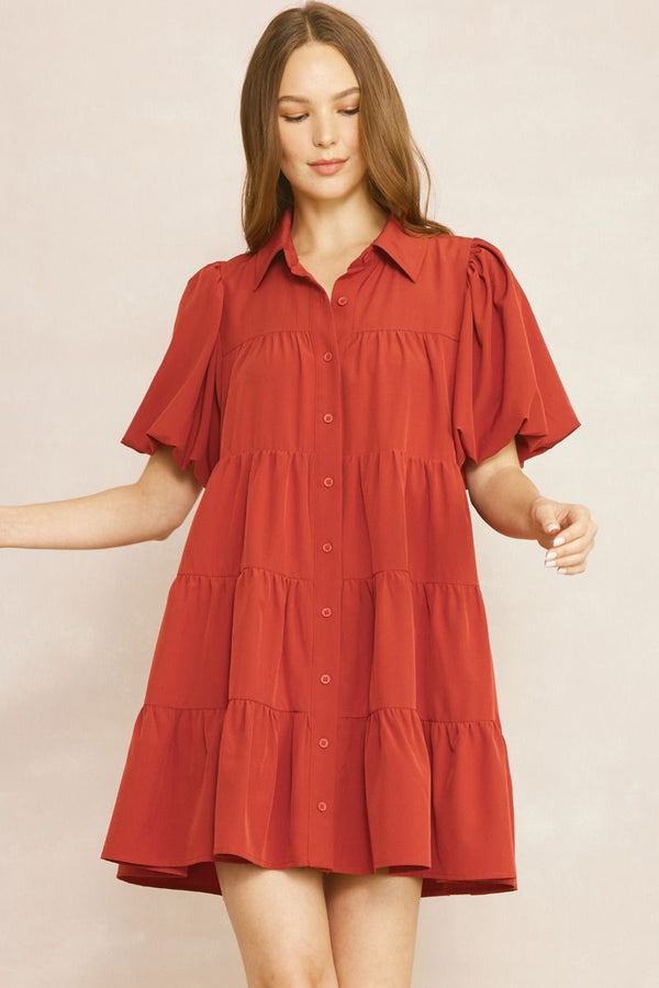 Thought About It Puff Sleeve Ruffle Dress - Rust