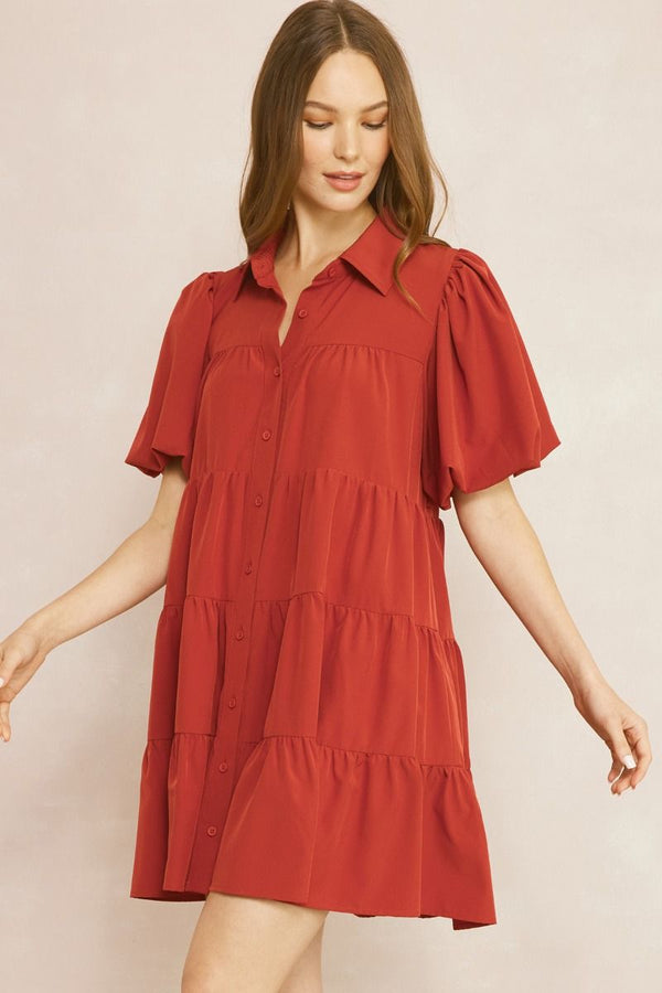 Thought About It Puff Sleeve Ruffle Dress - Rust