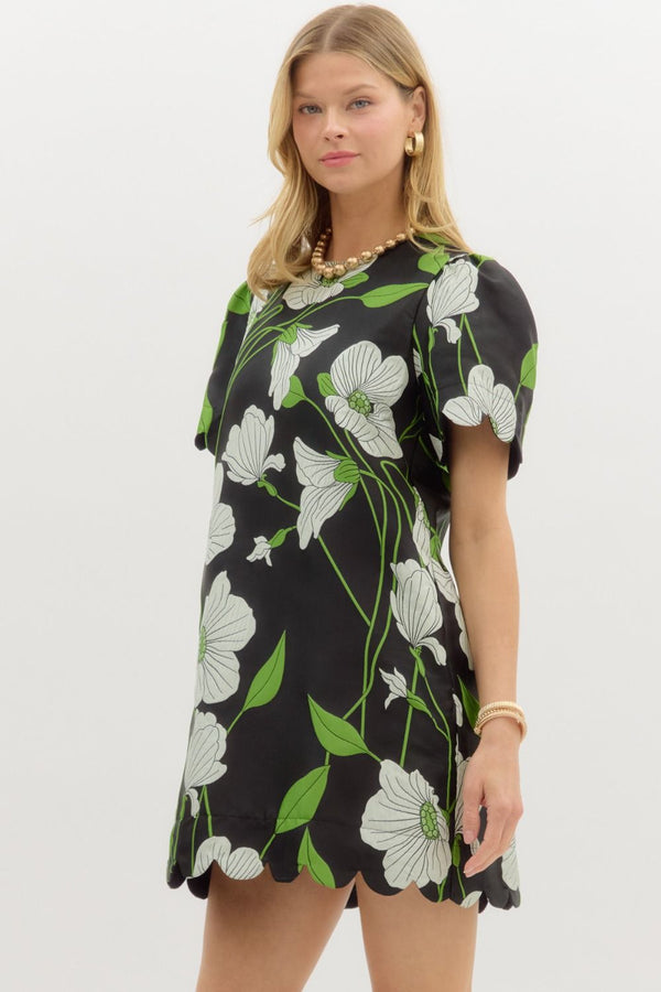Black Floral Jacquard Scallop Hem Dress