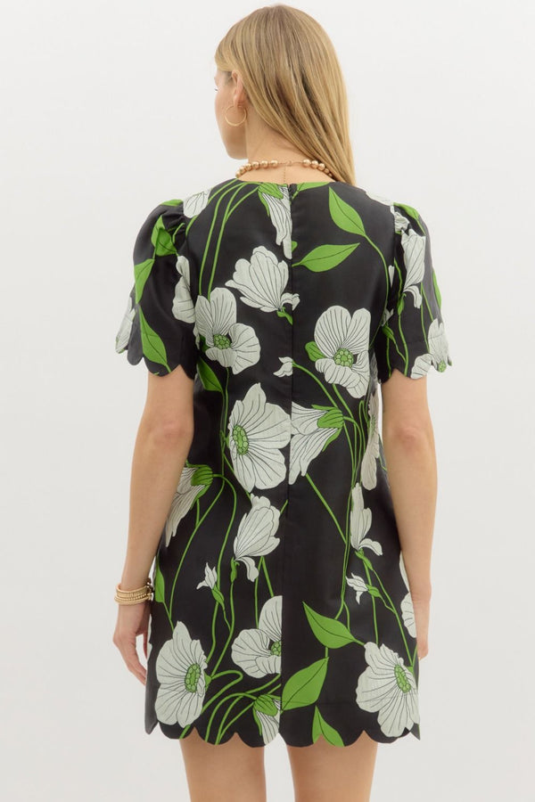 Black Floral Jacquard Scallop Hem Dress
