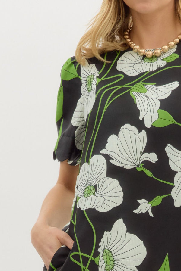 Black Floral Jacquard Scallop Hem Dress