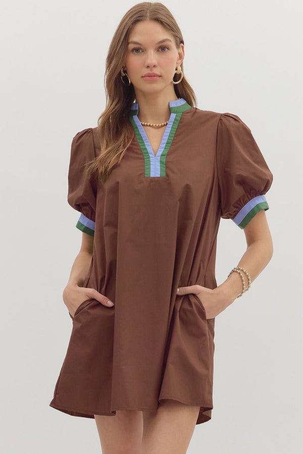 Chic Contrast Collar Dress | Brown Blue Green