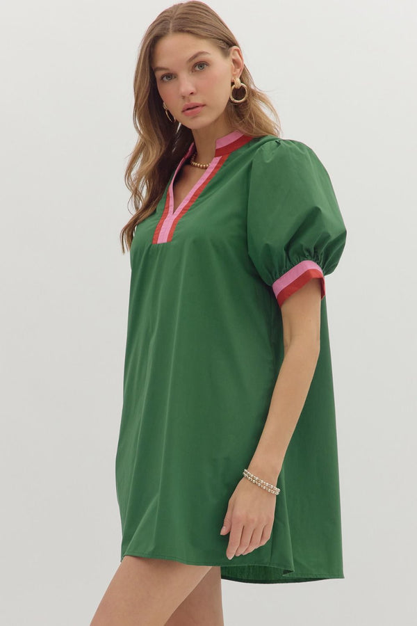 Chic Contrast Collar Dress | Green Rust Pink