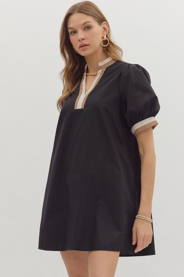 Chic Contrast Collar Dress | Black and Tan