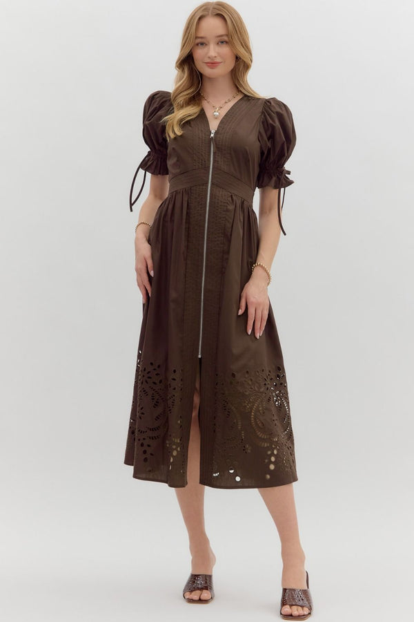 Nice to Meet You Chocolate Zip Midi Dress