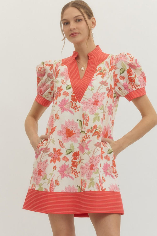 Coral Bloom Puff Sleeve Dress