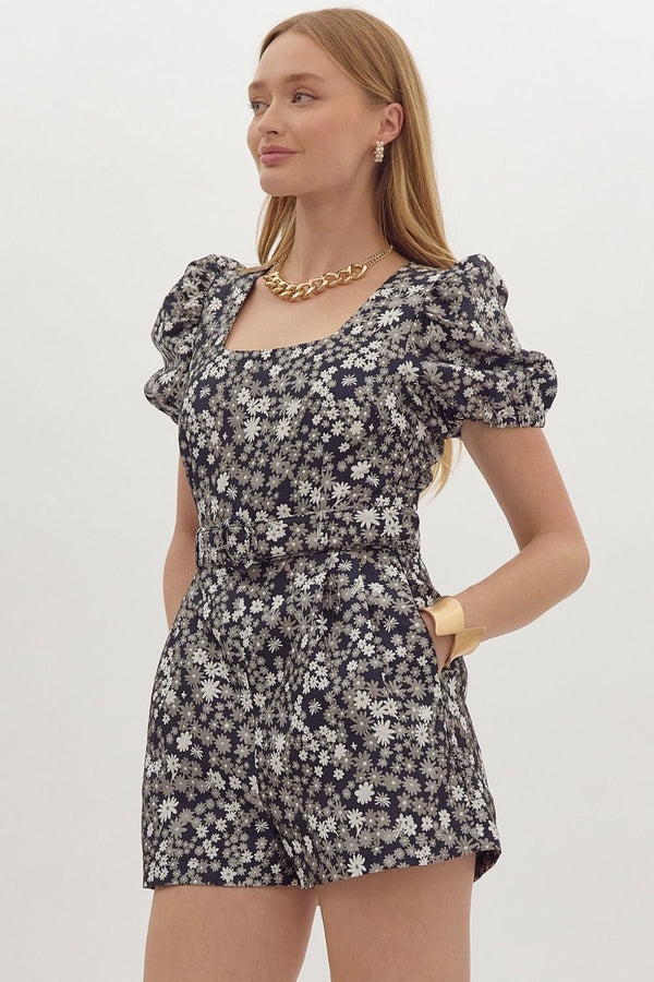 Navy Silver and White Flower Romper