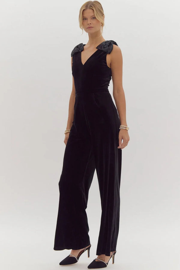 Velvet and Sequin Bow Shoulder Jumpsuit