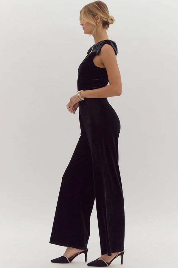 Velvet and Sequin Bow Shoulder Jumpsuit