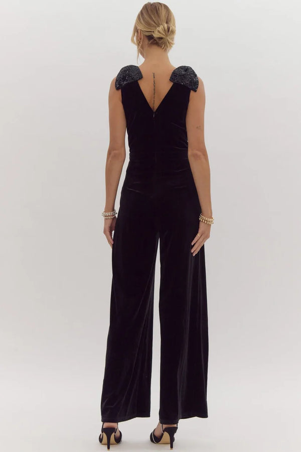 Velvet and Sequin Bow Shoulder Jumpsuit
