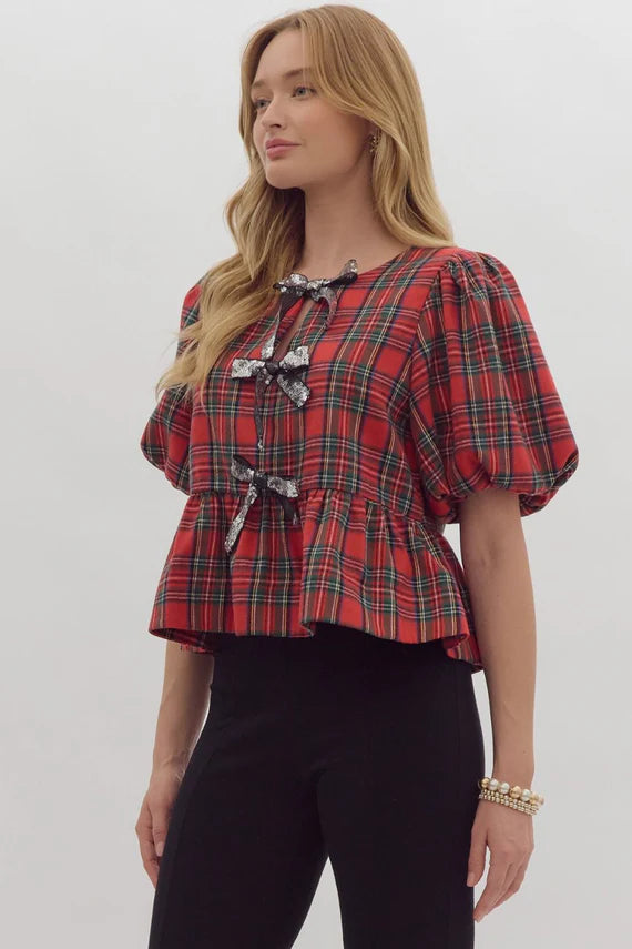 Tied with Joy Christmas Plaid Top with Bows