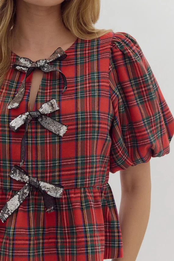 Tied with Joy Christmas Plaid Top with Bows