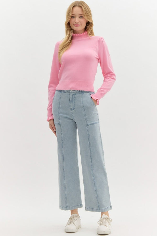 Frilled Top Be Here Long Sleeve Top - Baby Pink