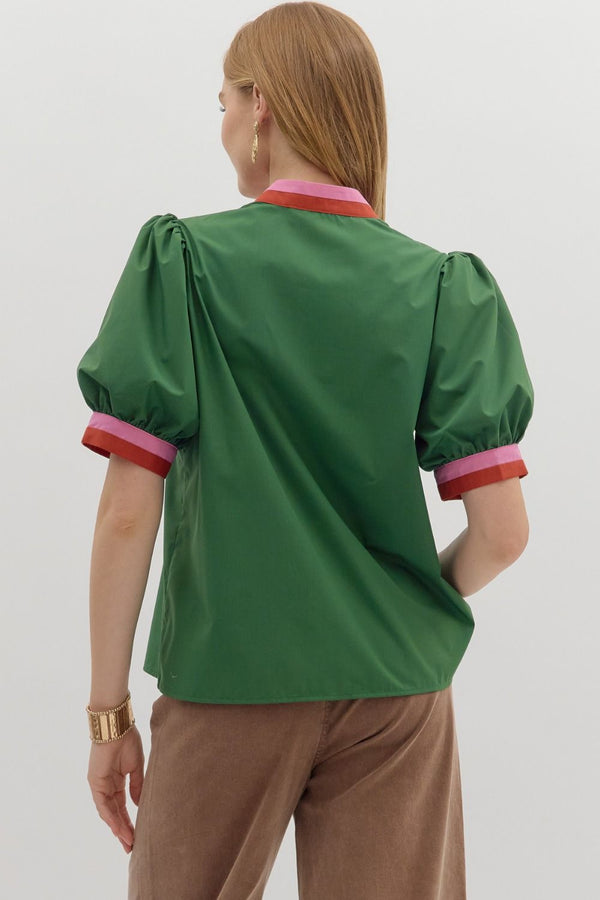 Chic Contrast Collar Top | Hunter Green Burgundy Pink