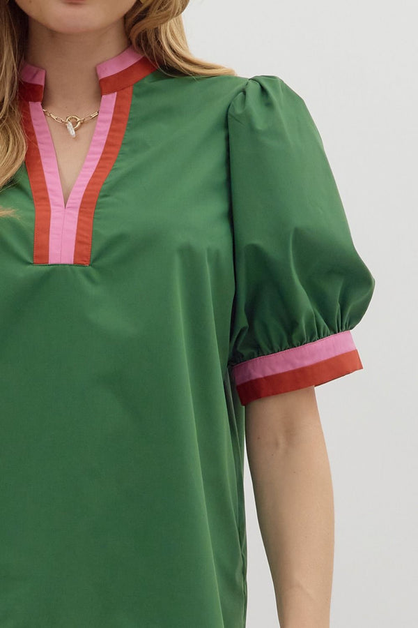 Chic Contrast Collar Top | Hunter Green Burgundy Pink