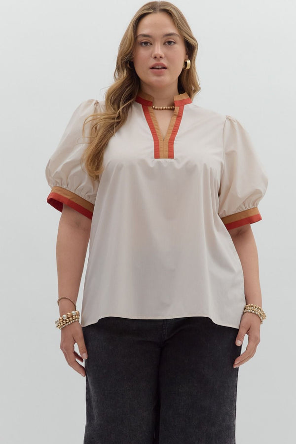 Chic Contrast Collar Top | Cream and Rust
