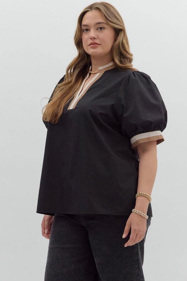 Chic Contrast Collar Top | Black and Tan