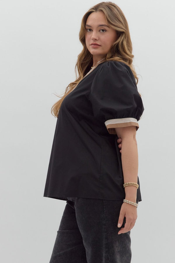 Chic Contrast Collar Top | Black and Tan