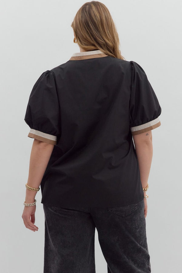 Chic Contrast Collar Top | Black and Tan