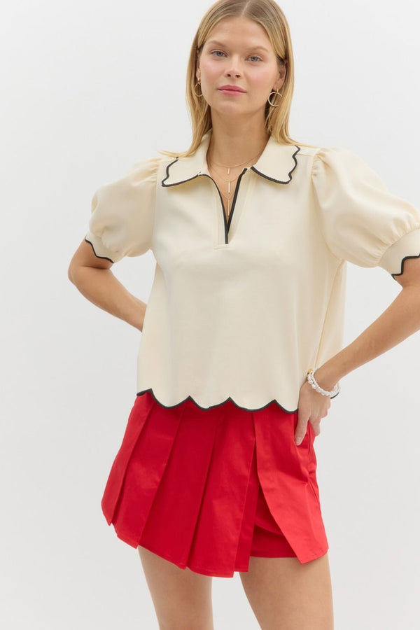 Cream with Black Collar Top