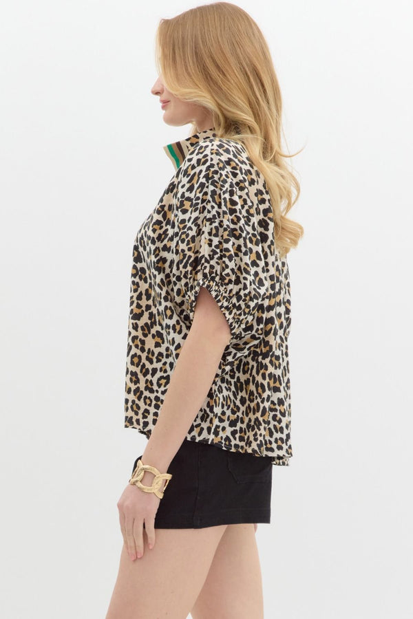 Keep Moving Leopard Ribbon Collar Top