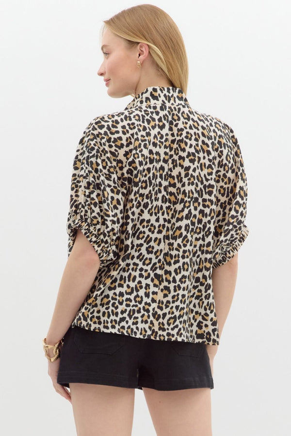 Keep Moving Leopard Ribbon Collar Top