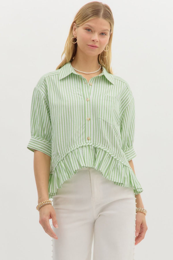 Green Stripe Ruffle Top