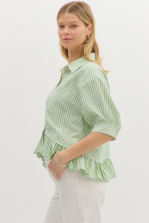Green Stripe Ruffle Top