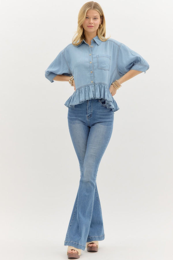 Denim Ruffle Button Down