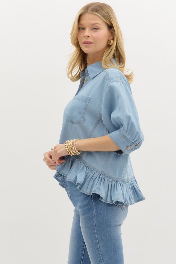 Denim Ruffle Button Down