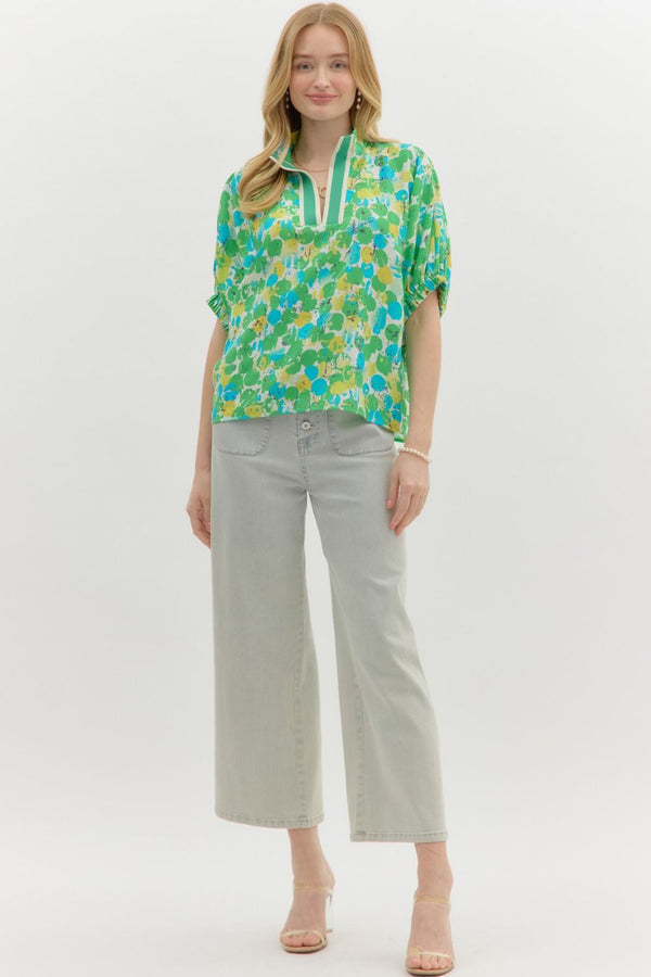 Spring Splash Popover Blouse - Green Yellow Blue