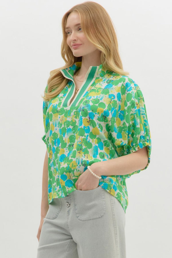 Spring Splash Popover Blouse - Green Yellow Blue