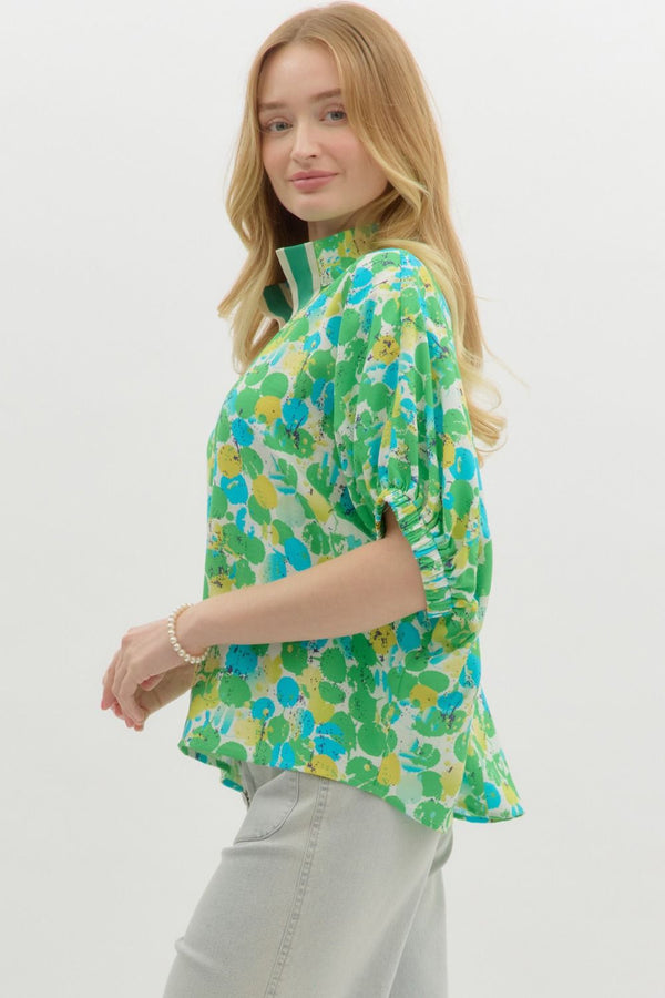 Spring Splash Popover Blouse - Green Yellow Blue