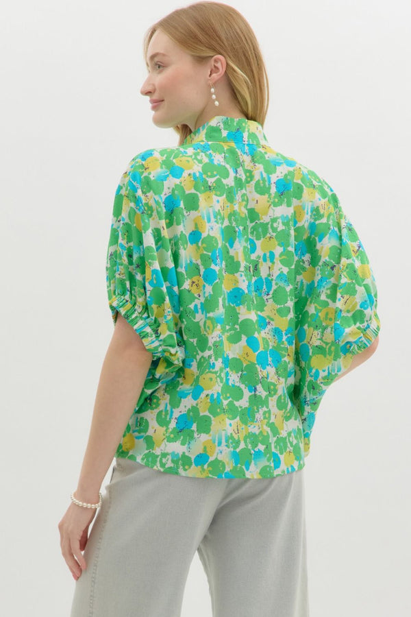 Spring Splash Popover Blouse - Green Yellow Blue