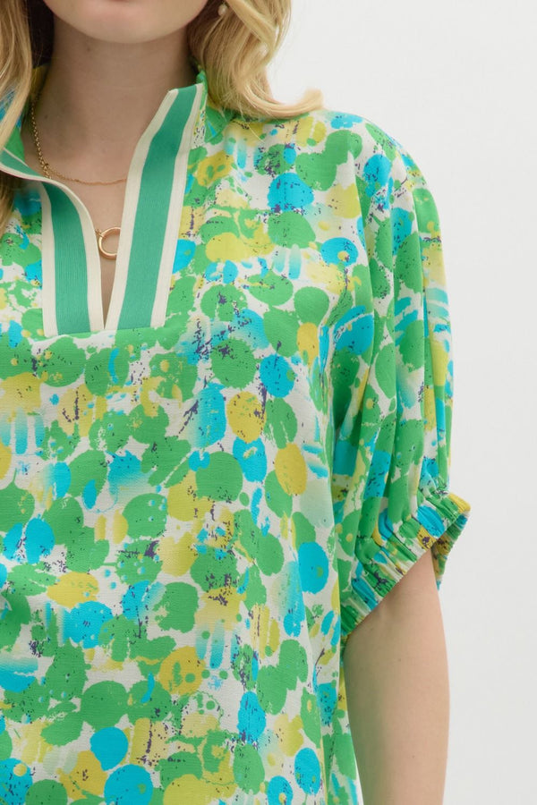 Spring Splash Popover Blouse - Green Yellow Blue
