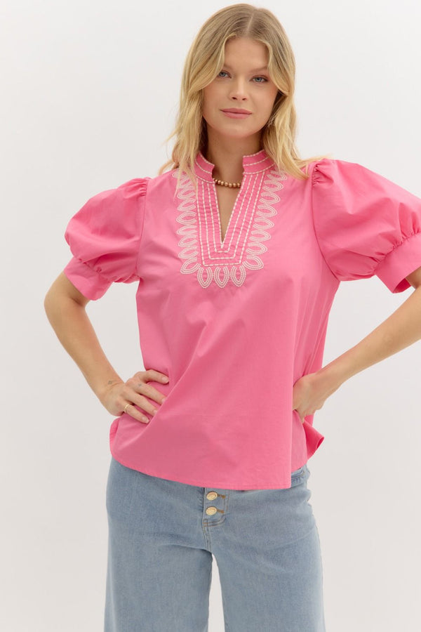 Rosé Charm Embroidered Blouse