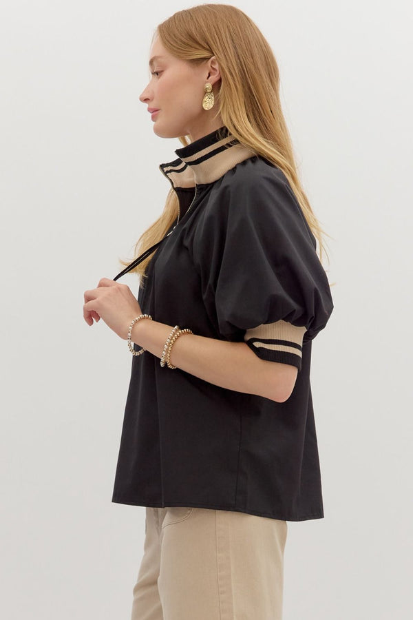 Found My Way Zip Collar Top | Black and Oatmeal