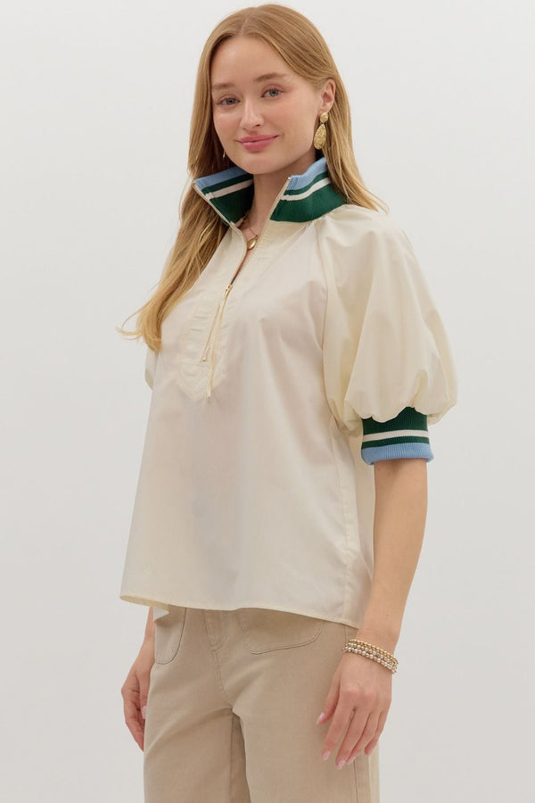 Found My Way Zip Collar Top | Cream Green and Blue