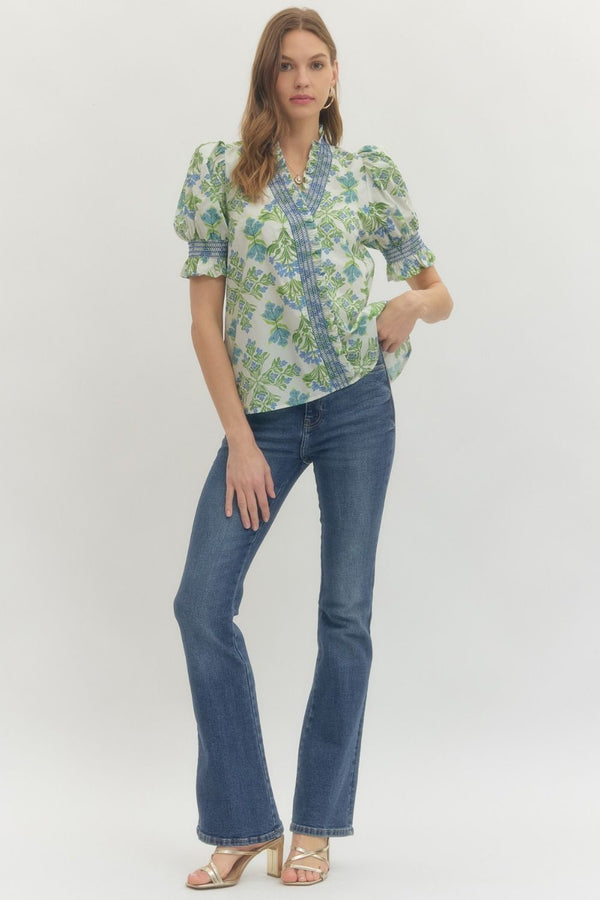 The Spring in Bloom Puff Sleeve Blouse | Blue