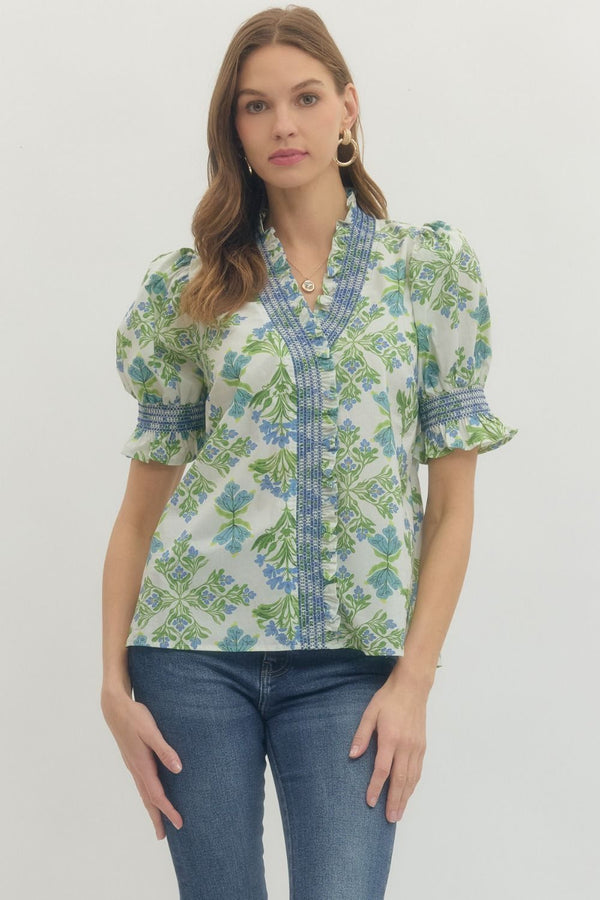 The Spring in Bloom Puff Sleeve Blouse | Blue