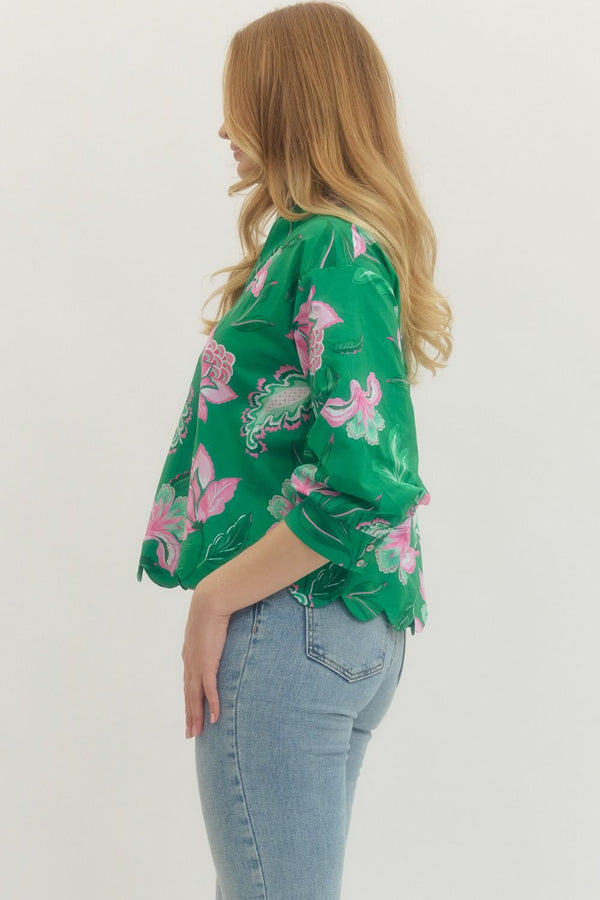 Emerald Bloom Scallop Blouse