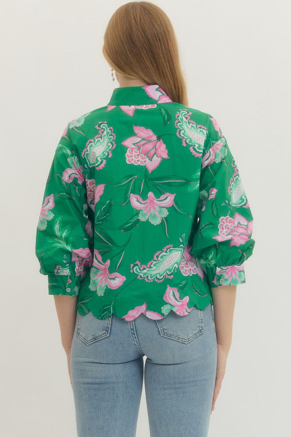 Emerald Bloom Scallop Blouse