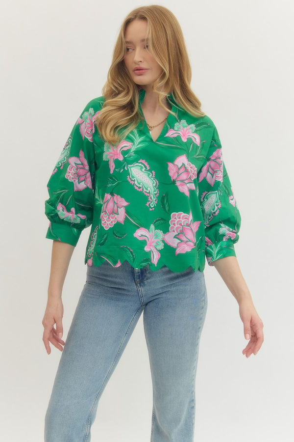 Emerald Bloom Scallop Blouse